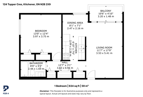 Floor plan for 1 bed, 1 bath, 634 sqft